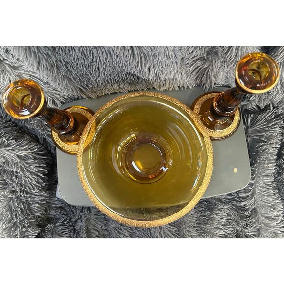 Tiffin Bowl and Candlestick Set Amber Glass Engraved Floral Gold Encrusted MCM - Picture 6 of 8
